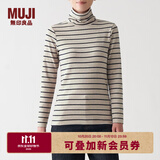 MUJI 女式 弹力罗纹编织 高领长袖T恤 BBM01A1A 米色条纹 M