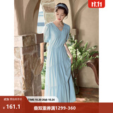 茵曼（INMAN）法式薄荷曼波连衣裙2024夏女装新品V领灯笼袖抽绳 绀蓝色 S