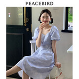 太平鸟夏季法式气质连衣裙v领暗纹泡泡袖高腰甜美长裙 蓝色纹样 S