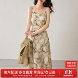 尚都比拉春秋法式印花吊带连衣裙气质女神范性感显瘦裙子 杏底花色 S 