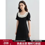 独束大码女装优雅蕾丝花边领小黑裙夏装赫本风高腰A字中长款裙子 赫本黑-短款 L (尺码：2)