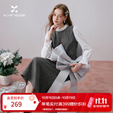 香影灰色小香风收腰连衣裙女2026秋装新款重工钉珠假两件长袖裙子 中灰 M 160/84A/95-110斤