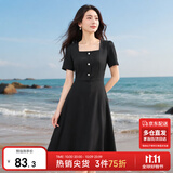 尚都比拉短袖连衣裙女夏季复古赫本风气质通勤裙子中长款A字裙 雅黑色 S