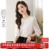 尚都比拉时尚洋气圆领七分袖雪纺衫女秋高级少女感气质通勤上衣 白色 S