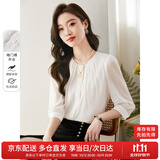 尚都比拉时尚洋气圆领七分袖雪纺衫女秋高级少女感气质通勤上衣 白色 L