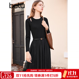 百图betu女装秋冬新款连衣裙小香风拼接网纱针织连衣裙女2310T95 黑色 L
