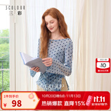 三彩2026秋季新款女装一字领晕染印花上衣清冷波点雪纺衫网纱荷叶边M 雾霾蓝几何 S 155/80A