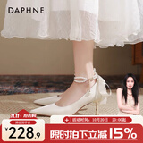达芙妮高跟鞋女单鞋2026春季法式玛丽珍鞋蝴蝶结淑女小皮鞋粗跟女鞋婚鞋 缎面米白 6cm 细跟 36