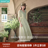 茵曼（INMAN）法式薄荷曼波连衣裙2024夏女装新品V领灯笼袖抽绳 水沫绿 S