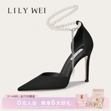 Lily Wei【月影】新品珍珠高跟鞋包头凉鞋黑色性感百搭尖头女单鞋生日礼物 黑色跟高6厘米 38