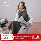 香影灰色小香风收腰连衣裙女2026秋装新款重工钉珠假两件长袖裙子 中灰 M 160/84A/95-110斤