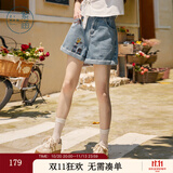 紫涵（ZIHAN）紫涵刺绣复古牛仔短裤女夏季新款高腰宽松显瘦阔腿卷边五分裤 浅牛仔蓝 S
