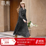 香影黑色碎花连衣裙女2026秋季新款长裙法式优雅雪纺v领长袖裙子 黑色 L 165/88A/110-125斤