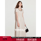 初语撞色假两件拼接U领短袖连衣裙女2026夏季新款收腰中长款裙子 浅灰杏 M