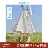 茵曼（INMAN）亚麻吊带植物碎花连衣裙女2026年夏季法式方领泡泡袖蓝色长裙 白底蓝花半身裙-18412674 L