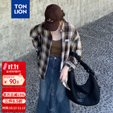 唐狮（TonLion）秋冬女左胸小标格子翻领长袖衬衫百搭时尚潮流韩系松弛