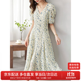 尚都比拉夏季法式碎花连衣裙泡泡袖茶歇裙气质女神范裙子 杏底蓝花 S 