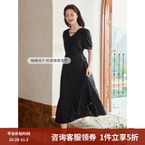 茵曼（INMAN）法式薄荷曼波连衣裙2024夏女装新品V领灯笼袖抽绳 午夜黑 M