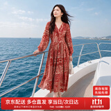 尚都比拉春秋中长款印花红色连衣裙气质女神范显瘦度假裙子 红花 M 