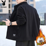 花花公子（PLAYBOY）夹克男士外套男装秋冬季立领摇粒绒宽松休闲上衣服 黑色 XL