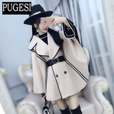 初春新款米色黑边蝙蝠袖披风外套斗篷上衣毛呢女装韩版女装名媛 米色外套-含腰带质量保证 均码80-130斤可穿