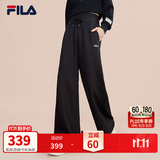 FILA 斐乐针织长裤女裤冬宽松加绒运动休闲显腿长阔腿裤双腰头微喇裤 【加绒版】正黑色-BK M