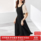 尚都比拉法式连衣裙夏季中长款a字裙泡泡袖系带收腰显瘦裙子 黑色 M 
