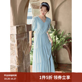茵曼（INMAN）法式薄荷曼波连衣裙2024夏女装新品V领灯笼袖抽绳 绀蓝色 S