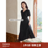 茵曼（INMAN）法式薄荷曼波连衣裙2024夏女装新品V领灯笼袖抽绳 午夜黑 S