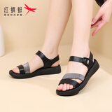 红蜻蜓红蜻蜓皮凉鞋软底百搭舒适凉鞋女坡跟软皮沙滩鞋子女 WTK233812
