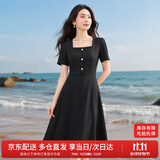 尚都比拉短袖连衣裙女夏季复古赫本风气质通勤裙子中长款A字裙 雅黑色 S