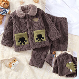 HELLOLUOBO冬季儿童睡衣加厚加绒男童女童珊瑚绒小孩保暖男孩宝宝家居服套装 棕色-刺绣无骨【复合加厚款】 130码（125-130cm）