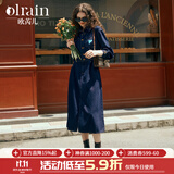 Olrain 90.6%棉丨欧芮儿普鲁士蓝牛仔连衣裙女秋季女装收腰刺绣减龄裙子 牛仔蓝 M