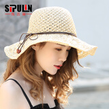 斯普琳遮阳帽子女夏天韩版潮海边防晒帽可折叠太阳帽渔夫帽大沿草帽编织 文艺系米色