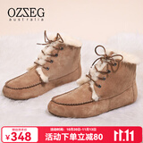 OZZEG澳洲雪地靴女冬季短筒马丁靴羊皮毛一体保暖女靴加绒平底防滑棉鞋 咖啡色 35
