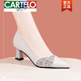 卡帝乐鳄鱼（CARTELO）真皮尖头高跟浅口粗跟单鞋春夏季水钻职业上班礼仪工作鞋女鞋新品 米白色 5cm 37