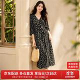尚都比拉度假风碎花连衣裙女夏天V领气质中长裙收腰A字雪纺裙子 黑花 S