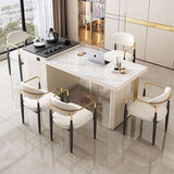 轻奢岛台茶桌书桌一体岩板现代简约功夫茶台办公室网红烧水壶一体 火烧石茶盘白色框架(雪山白亮 1.2米单茶桌不含椅子(送烧水壶