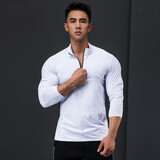 撸铁狗健身服速干衣男秋冬长袖弹力透气吸汗运动休闲T恤立领打底健美衣 白色 L/170-175