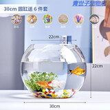 团圆月办公室小鱼缸加厚透明玻璃乌龟缸客厅家用桌面圆形迷你小型金鱼缸 30CM圆球+彩石6件套