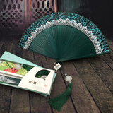 睿爸汉服古风扇子女式古典折扇中国风复古折叠扇随身便携流苏小扇夏季 绿色（礼品套装）