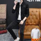 男府夹克男外套修身秋冬季新款灯芯绒上衣服男装加绒套装潮流休闲工装 【黑色套装】+白色T恤 XL 修身款-偏小一码