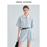 VEGA CHANG工装连体短裤女夏2026新款小个子显瘦高级感连身衣裤 蓝色 S