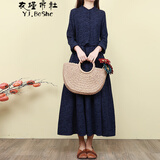 衣瑾帛社连衣裙女秋装复古厚实提花棉麻长袖连衣裙女中长款高腰系带大摆裙 紫色 M