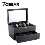 TOBEAR黑色高档表盒 大容量开窗手表收纳盒欧式首饰珠宝手链盒展示盒 碳纤维双层20表位