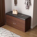 人文成家鞋柜家用门口坐凳一体换鞋凳入户玄关柜简约储物收纳柜子柜门鞋架 【两门两层】深胡桃色+黑皮60CM