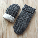 欧伊莱米男士秋冬季羊毛保暖加绒加厚分指触摸屏户外开车骑行双层毛线手套 花黑色