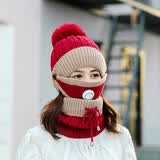 浩冠 帽子女冬季加绒加厚围护耳脖套保暖帽套头帽时尚针织帽毛线帽女秋冬天 红色 帽子围脖面罩三件套