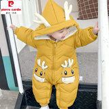 皮尔卡丹（pierre cardin）2025新生婴儿冬季外出抱衣冬天加厚衣服棉服小宝宝保暖连帽连体衣 鹿角黄色 加绒加厚暗扣开档 80cm 80(建议6-12个月)