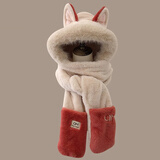 目丸围巾女秋冬季鹿角毛茸茸护耳三件套双层加厚围脖手套帽子一体保暖 1#狐耳毛绒一体帽西柚米